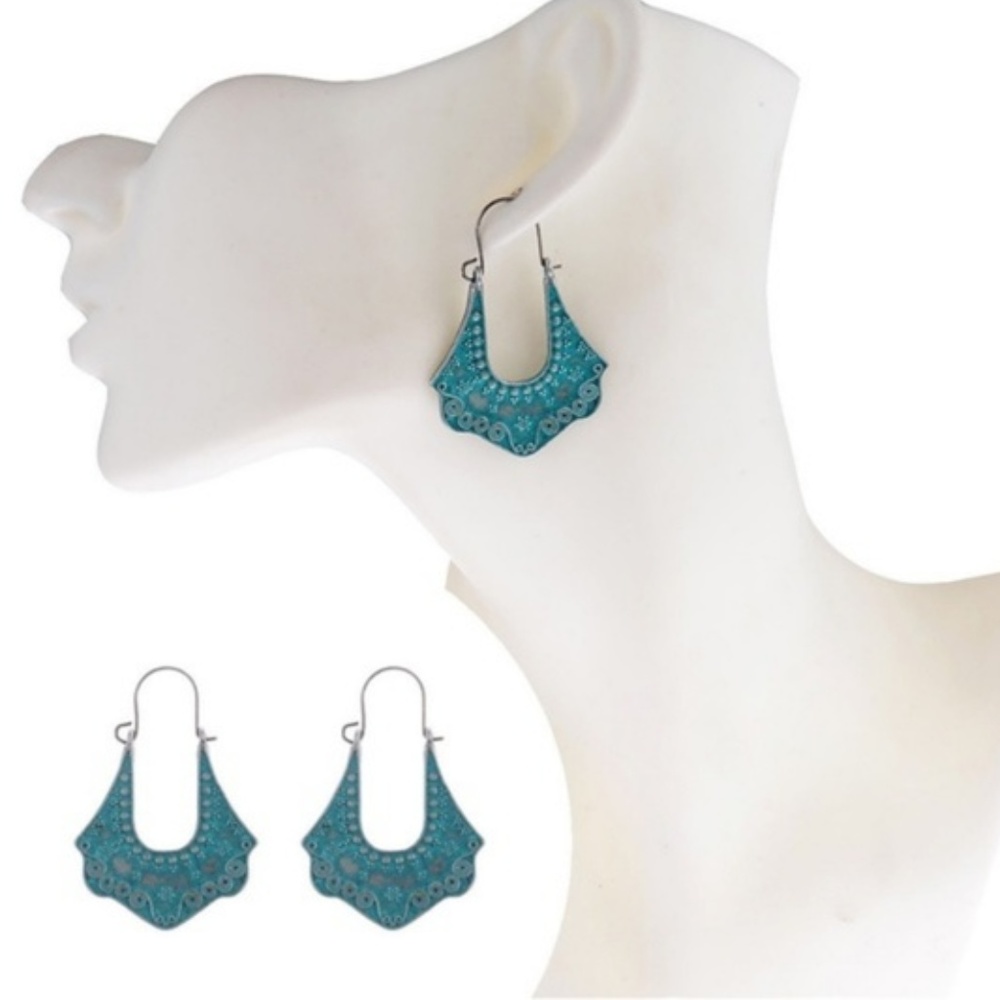 BOHO PATINA Teal and Silver EARRINGS ~ metal flair - Picture 2 of 8